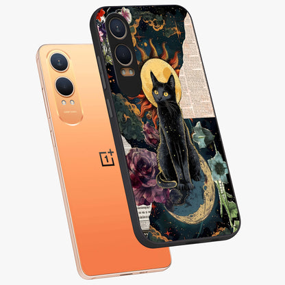 Celestial Black Cat Glass Case for 1+Nord CE 4 Lite angled mockup showcasing glossy finish and celestial glow detailing