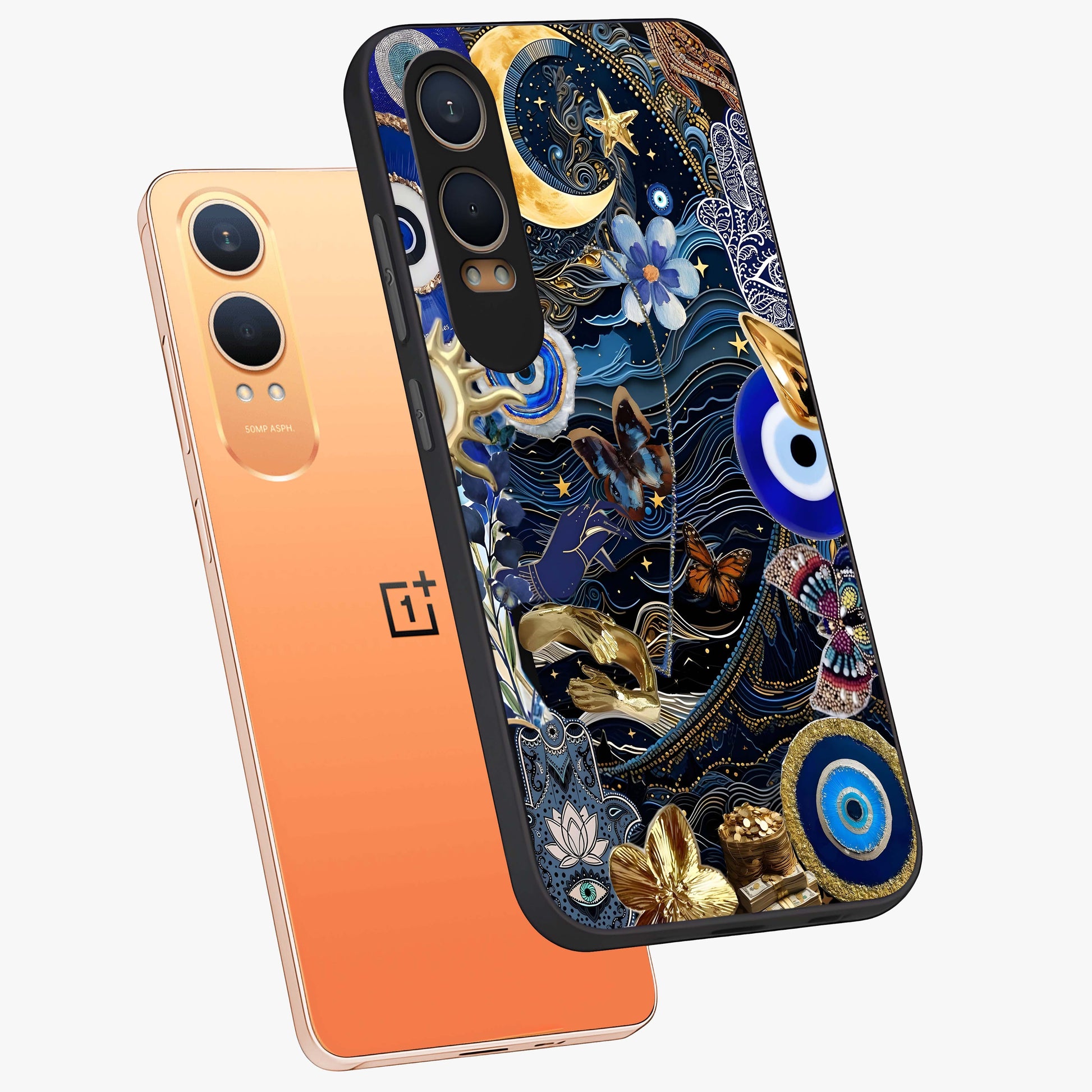 Celestial Blessing Shield Glass Case for 1+Nord CE 4 Lite angled mockup showcasing glossy finish and divine design elements
