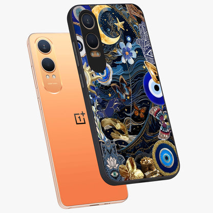 Celestial Blessing Shield Glass Case for 1+Nord CE 4 Lite angled mockup showcasing glossy finish and divine design elements