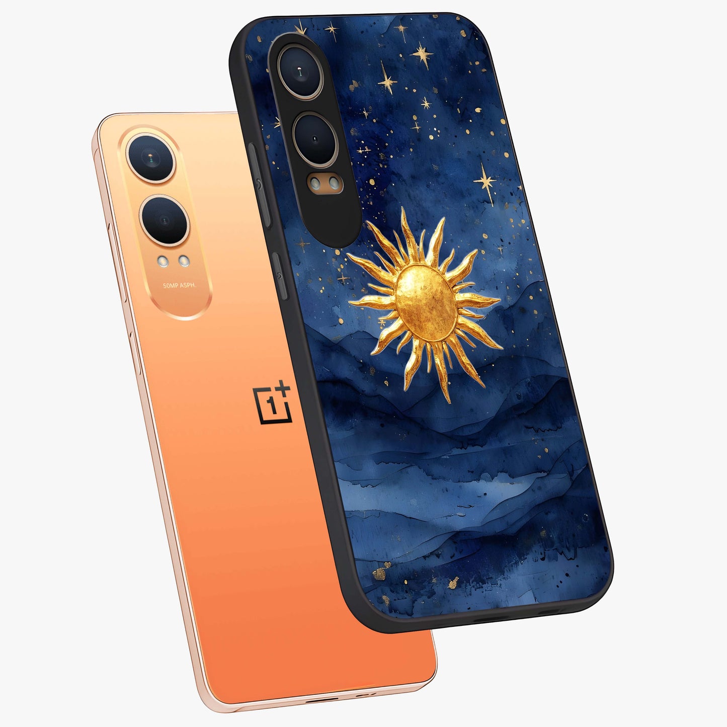 Celestial Blue Glow Glass Case for 1+Nord CE 4 Lite angled mockup showcasing glossy finish and luminous celestial tones