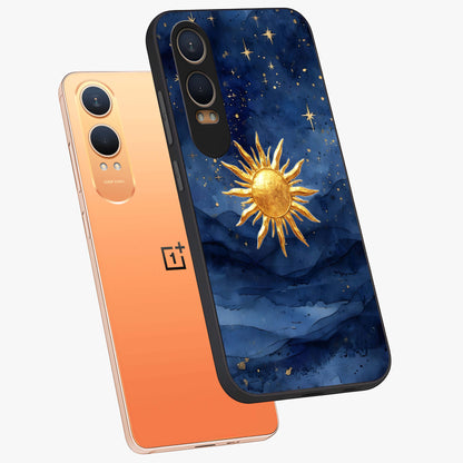 Celestial Blue Glow Glass Case for 1+Nord CE 4 Lite angled mockup showcasing glossy finish and luminous celestial tones