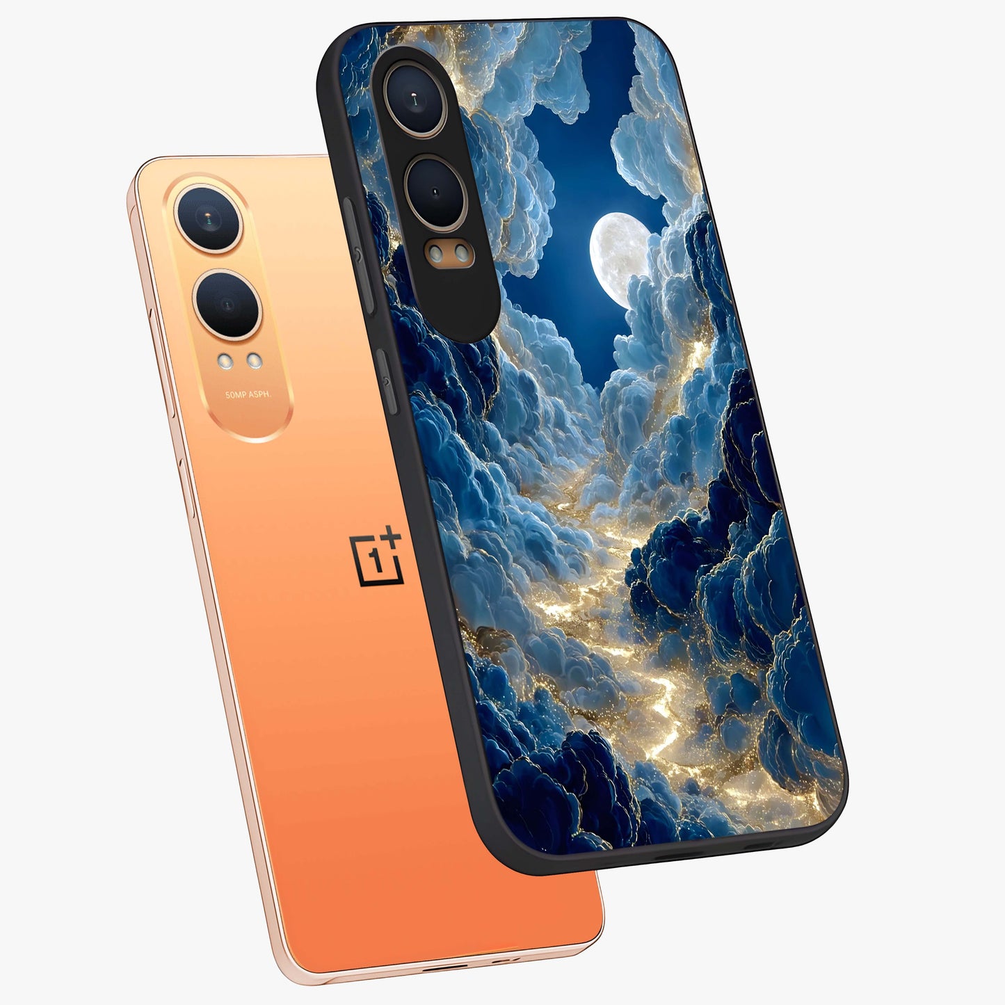 Celestial Cloud Path Glass Case for 1+Nord CE 4 Lite angled mockup showcasing glossy finish and soft celestial gradients