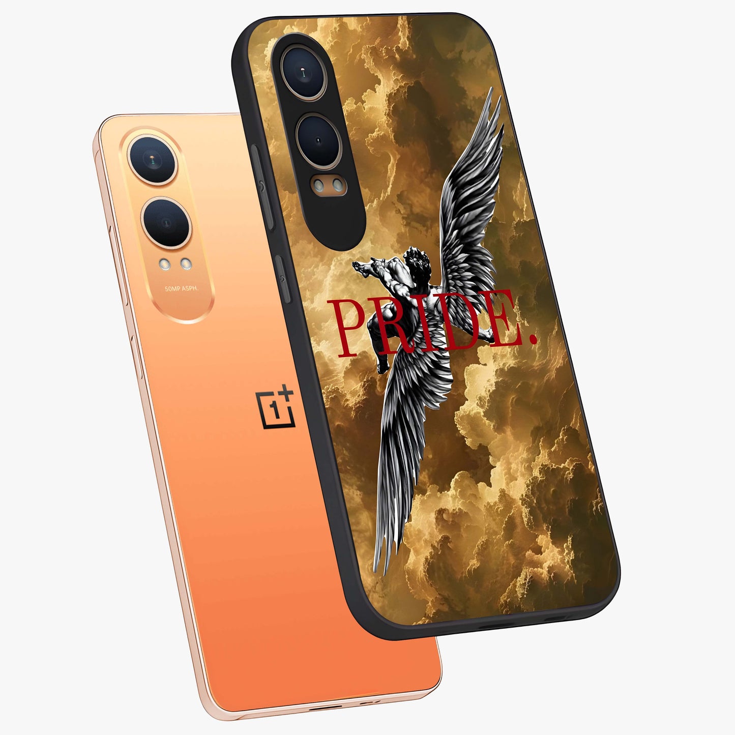 Celestial Fallen Pride Glass Case for 1+Nord CE 4 Lite angled mockup showcasing glossy glass finish and intense night sky detailing