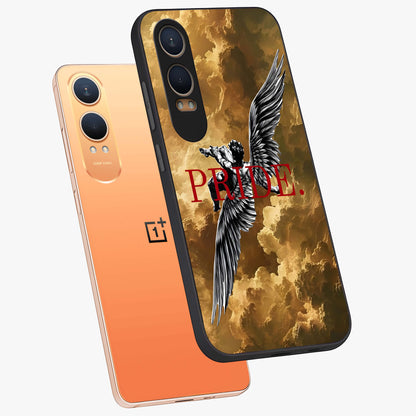Celestial Fallen Pride Glass Case for 1+Nord CE 4 Lite angled mockup showcasing glossy glass finish and intense night sky detailing