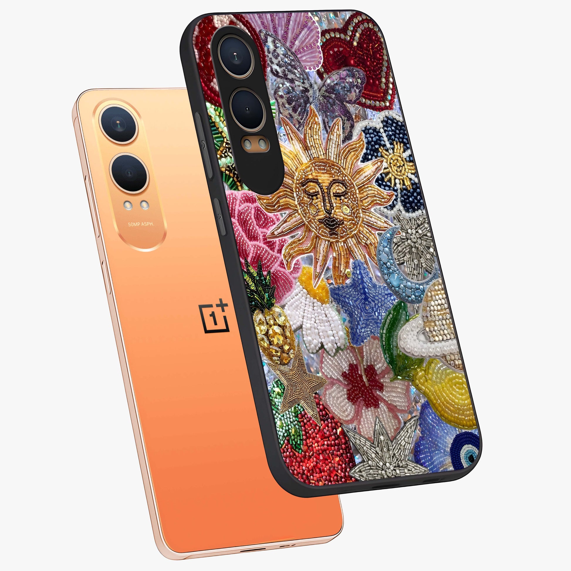 Celestial Floral and Playful Glass Case for 1+Nord CE 4 Lite angled mockup showcasing glossy finish and colorful celestial detailing