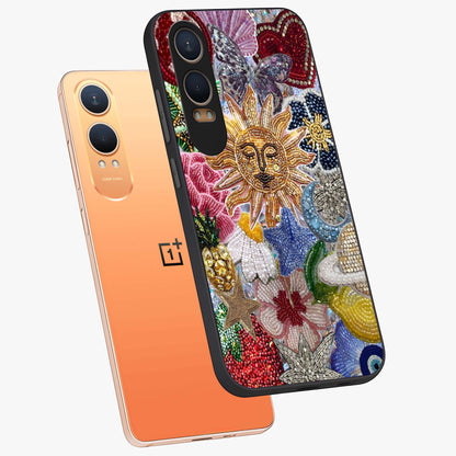 Celestial Floral and Playful Glass Case for 1+Nord CE 4 Lite angled mockup showcasing glossy finish and colorful celestial detailing