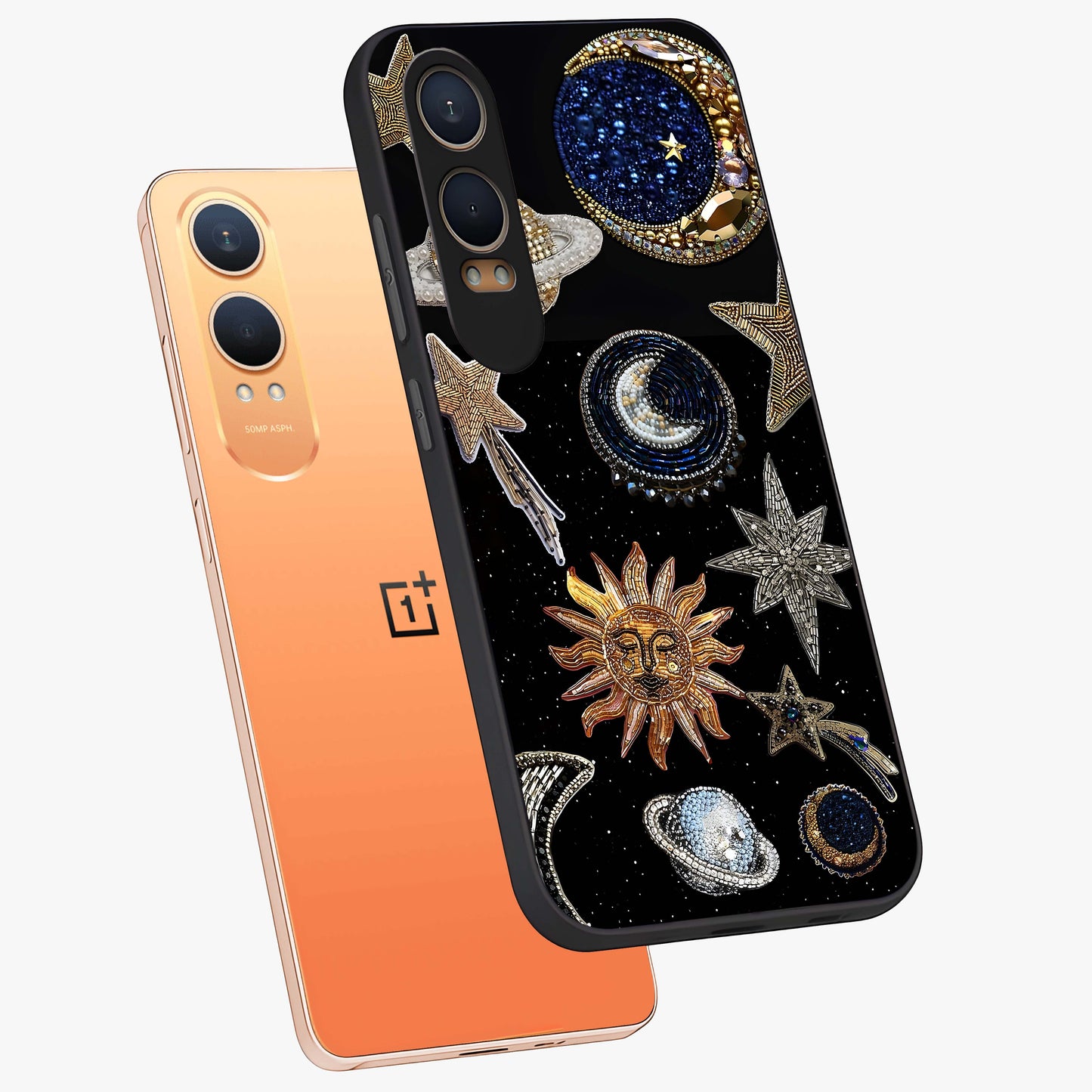 Celestial Gem Constellations Glass Case for 1+Nord CE 4 Lite angled mockup showcasing glossy finish and sparkling cosmic design