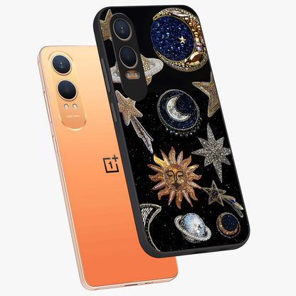 Celestial Gem Constellations Glass Case for 1+Nord CE 4 Lite angled mockup showcasing glossy finish and sparkling cosmic design