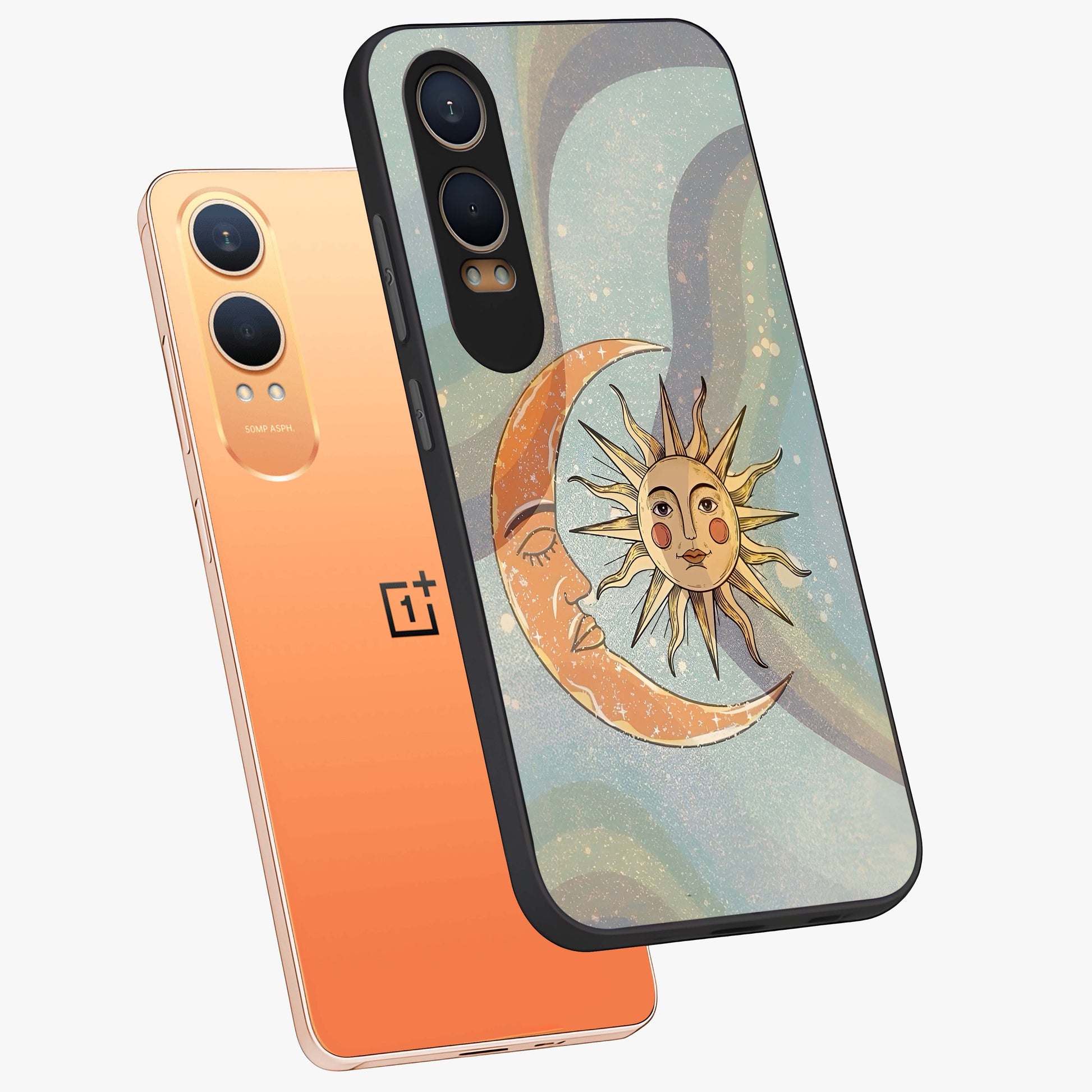 Celestial Harmony Vibes Glass Case for 1+Nord CE 4 Lite angled mockup showcasing glossy finish and smooth celestial gradients