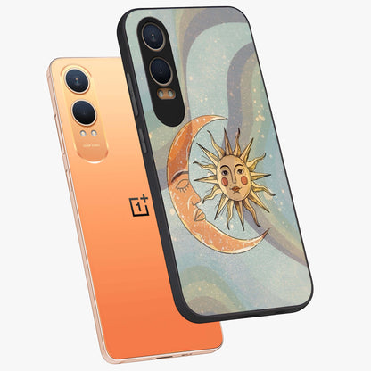 Celestial Harmony Vibes Glass Case for 1+Nord CE 4 Lite angled mockup showcasing glossy finish and smooth celestial gradients