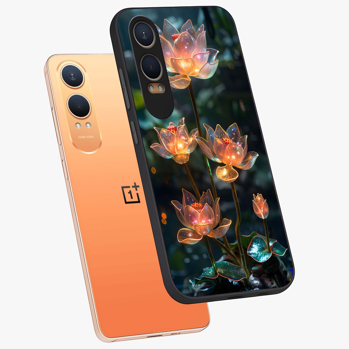 Celestial Lotus Light Glass Case for 1+Nord CE 4 Lite angled mockup showcasing glossy finish and radiant celestial tones