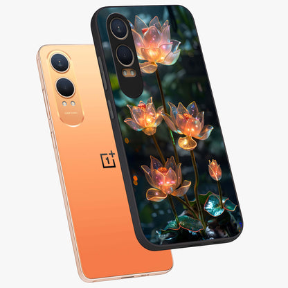 Celestial Lotus Light Glass Case for 1+Nord CE 4 Lite angled mockup showcasing glossy finish and radiant celestial tones