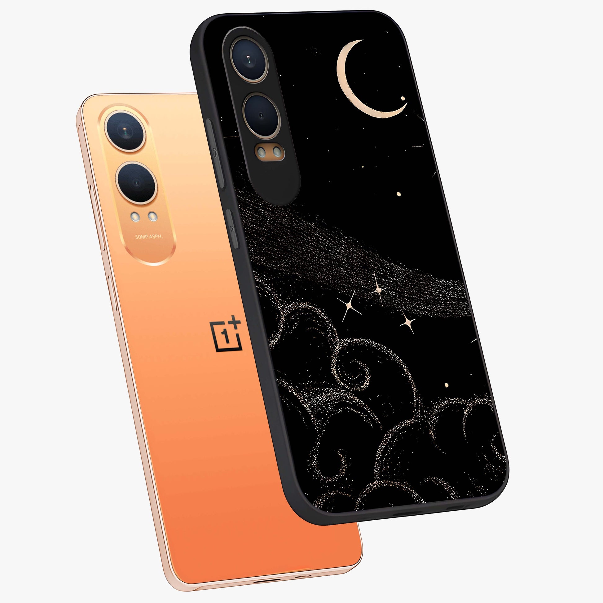 Celestial Midnight Veil Glass Case for 1+Nord CE 4 Lite angled mockup showcasing glossy finish and dark celestial gradients
