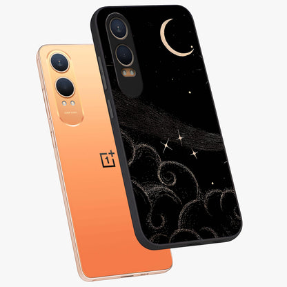 Celestial Midnight Veil Glass Case for 1+Nord CE 4 Lite angled mockup showcasing glossy finish and dark celestial gradients