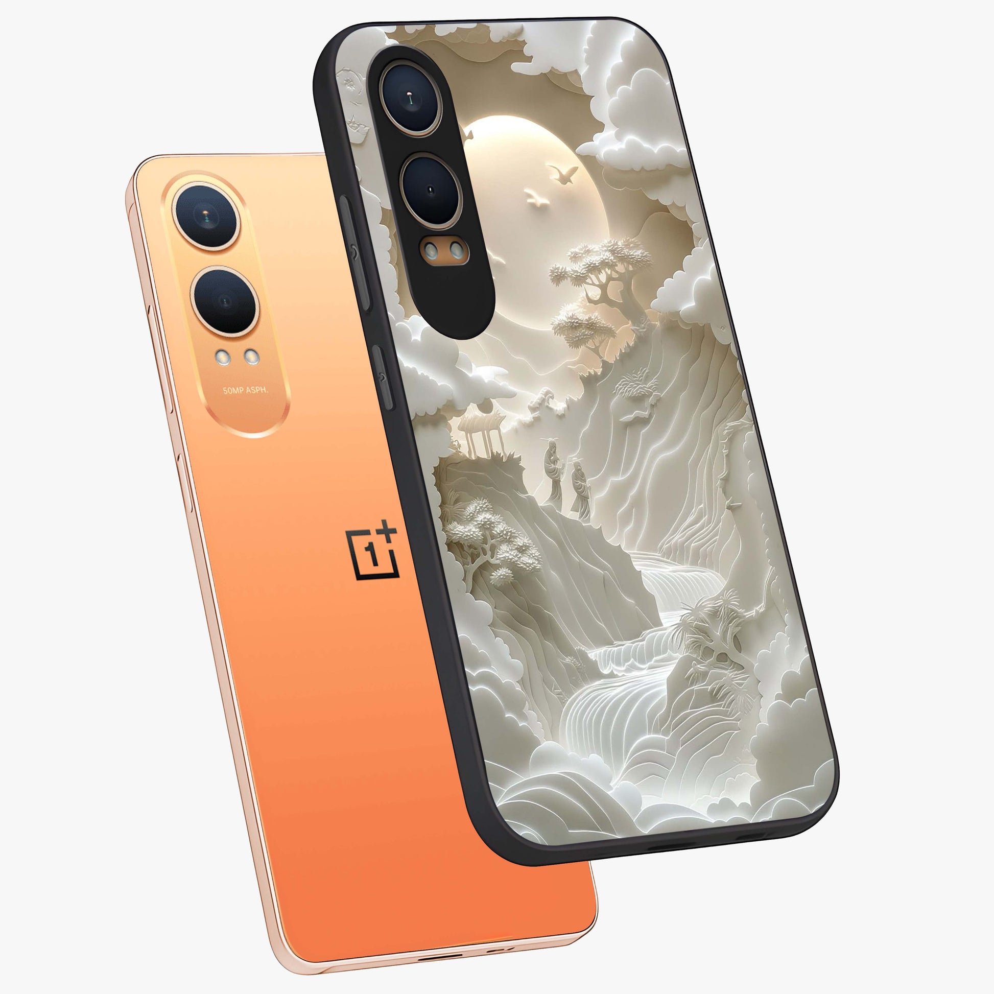 Celestial Origami Glass Case for 1+Nord CE 4 Lite angled mockup showcasing glossy finish and geometric celestial design