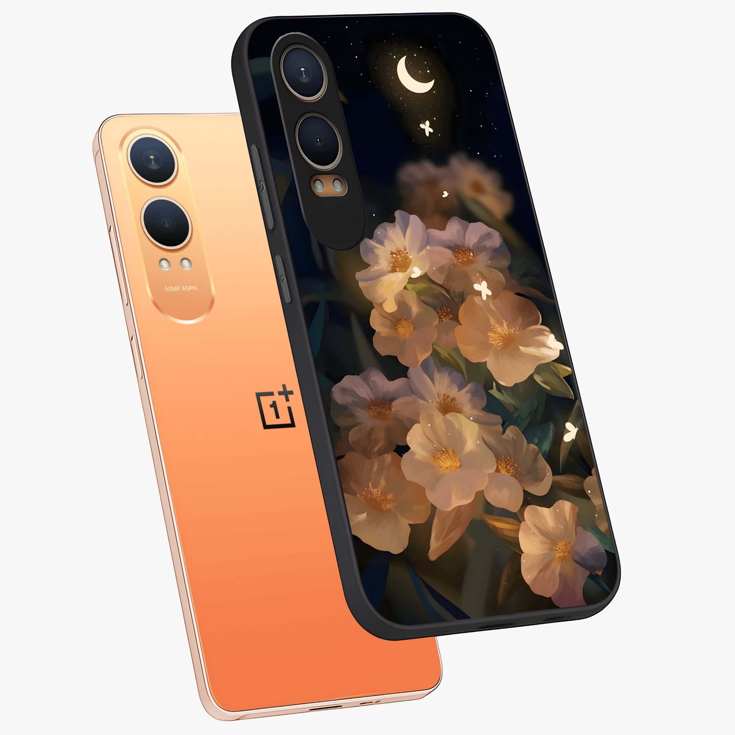 Celestial Petal Night Glass Case for 1+Nord CE 4 Lite angled mockup showcasing glossy finish and glowing celestial accents
