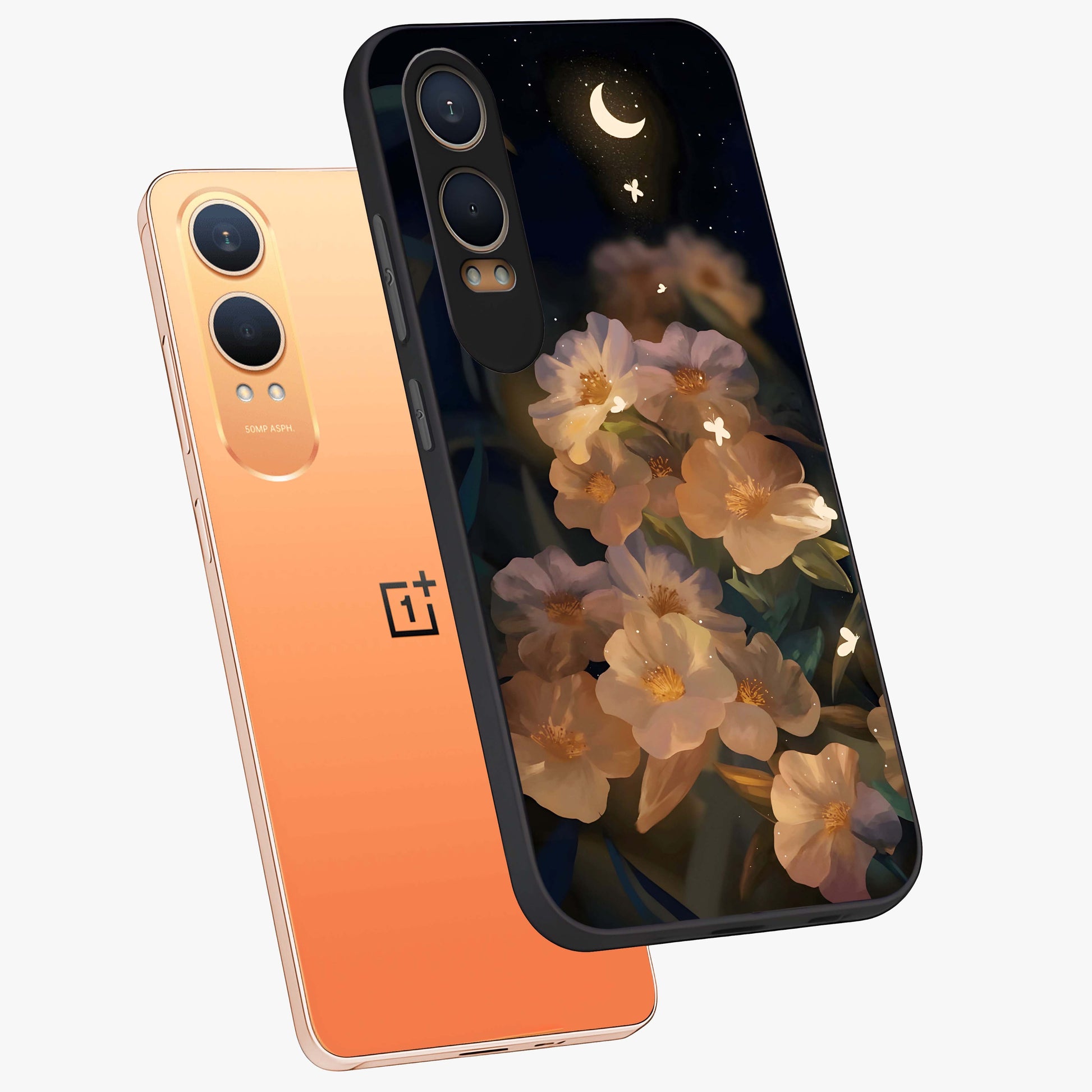 Celestial Petal Night Glass Case for 1+Nord CE 4 Lite angled mockup showcasing glossy finish and glowing celestial accents