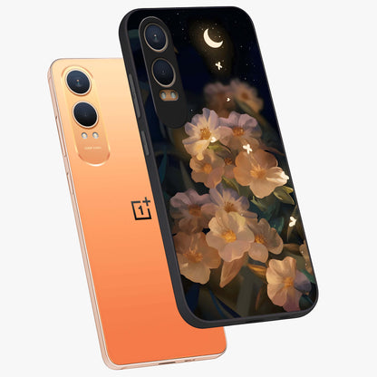 Celestial Petal Night Glass Case for 1+Nord CE 4 Lite angled mockup showcasing glossy finish and glowing celestial accents