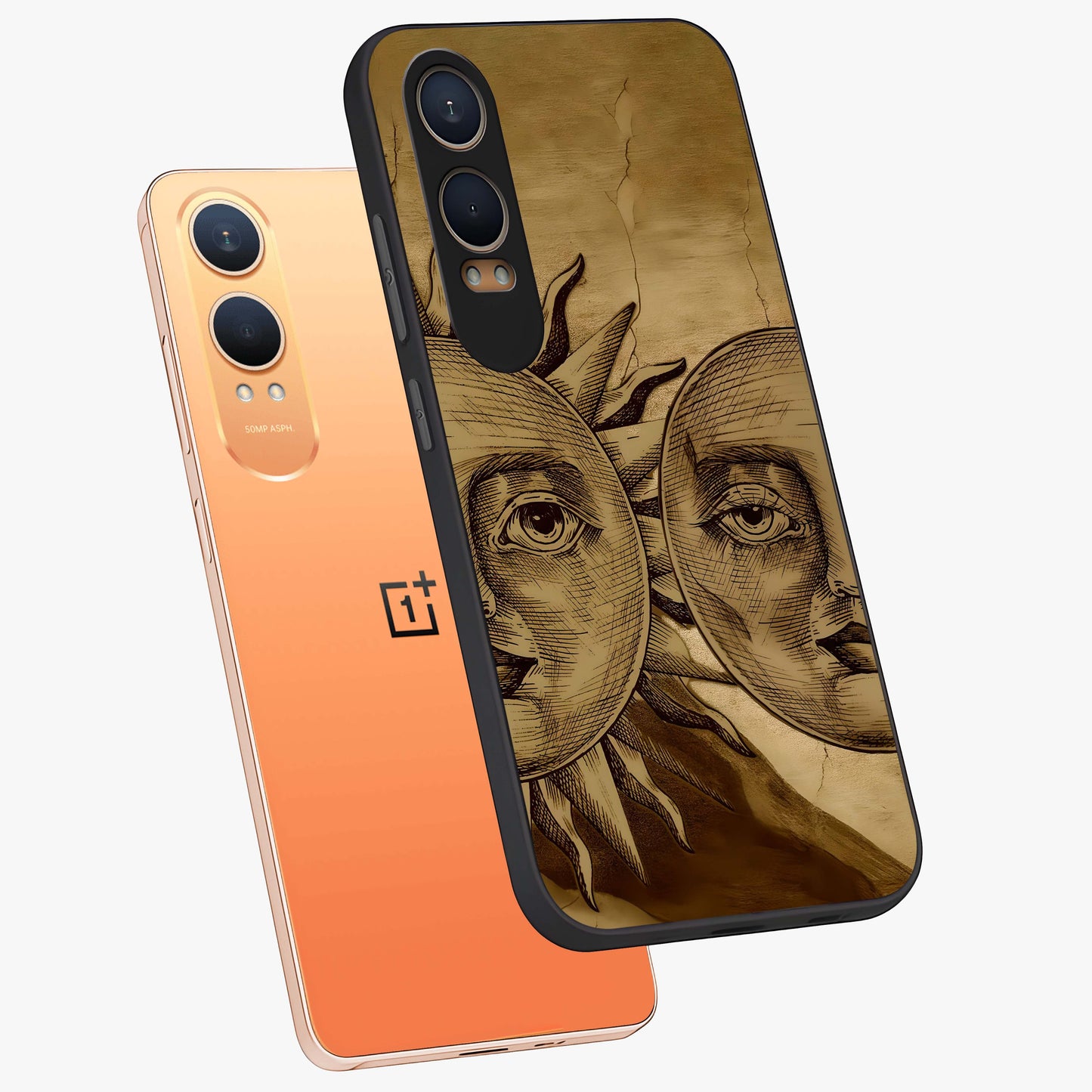 Celestial Relic Glow Glass Case for 1+Nord CE 4 Lite angled mockup showcasing glossy finish and radiant glow detailing