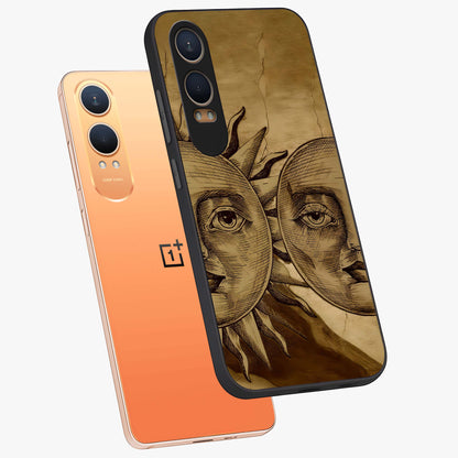 Celestial Relic Glow Glass Case for 1+Nord CE 4 Lite angled mockup showcasing glossy finish and radiant glow detailing