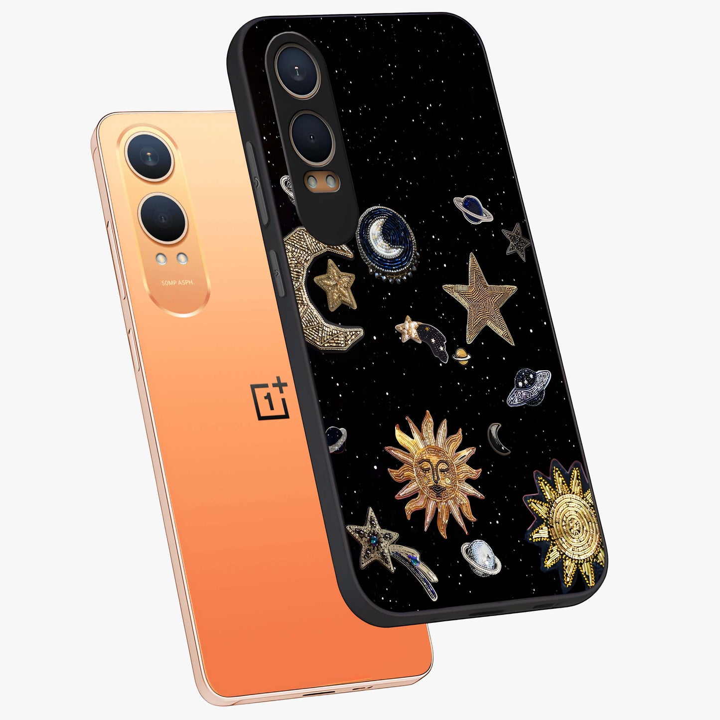 Celestial Star Charm Glass Case for 1+Nord CE 4 Lite angled mockup showcasing glossy finish and shimmering celestial tones