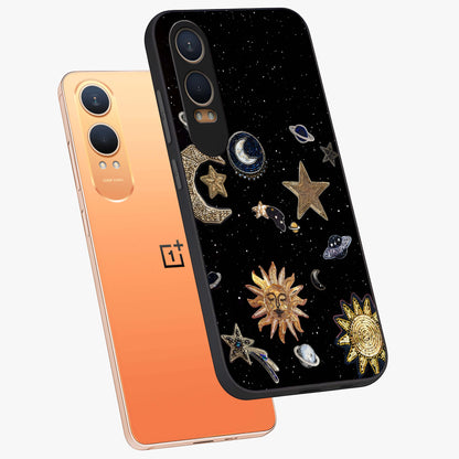 Celestial Star Charm Glass Case for 1+Nord CE 4 Lite angled mockup showcasing glossy finish and shimmering celestial tones