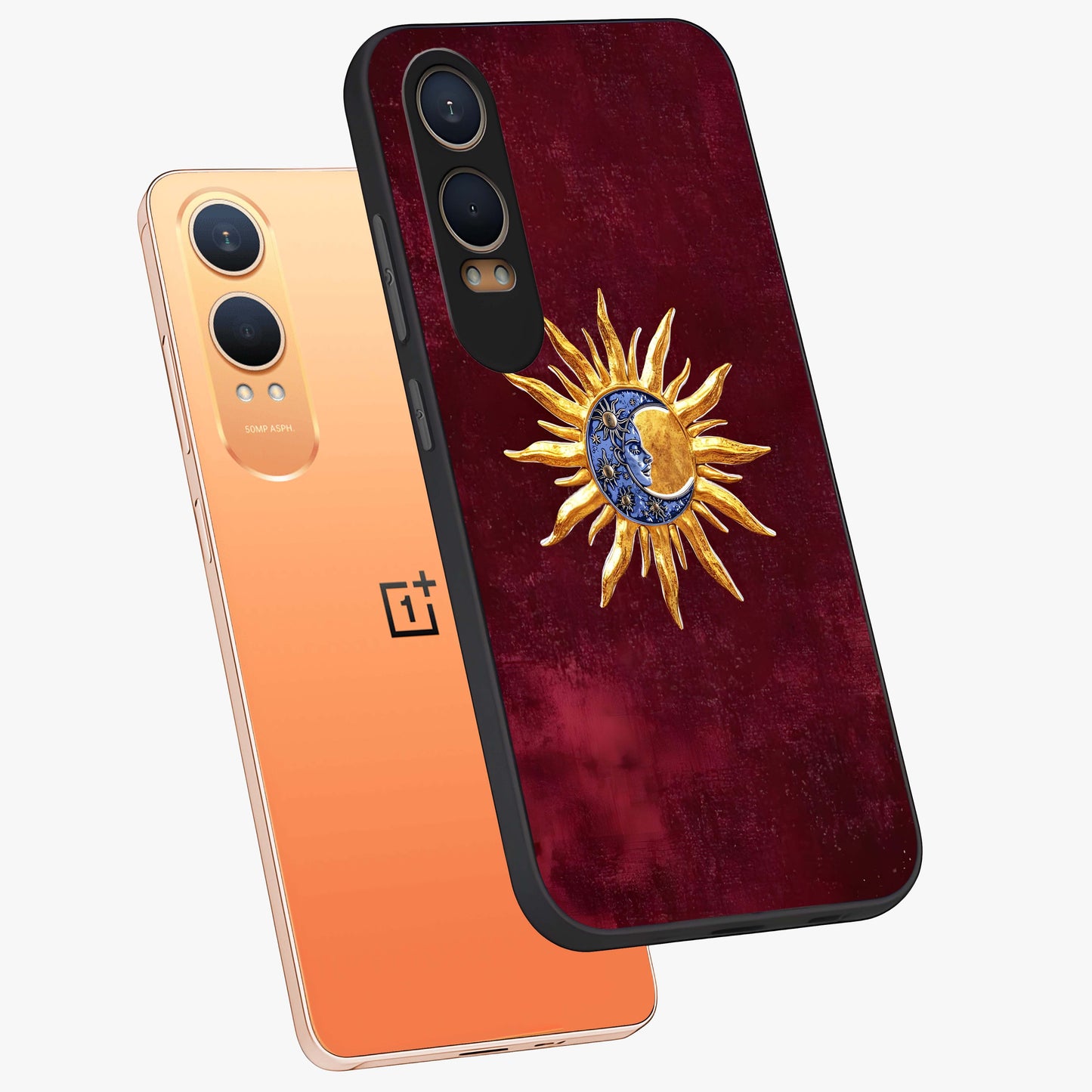 Celestial Unity Charm Glass Case for 1+Nord CE 4 Lite angled mockup showcasing glossy finish and balanced cosmic design