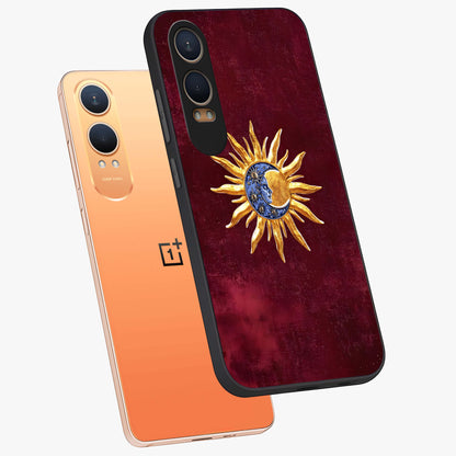 Celestial Unity Charm Glass Case for 1+Nord CE 4 Lite angled mockup showcasing glossy finish and balanced cosmic design