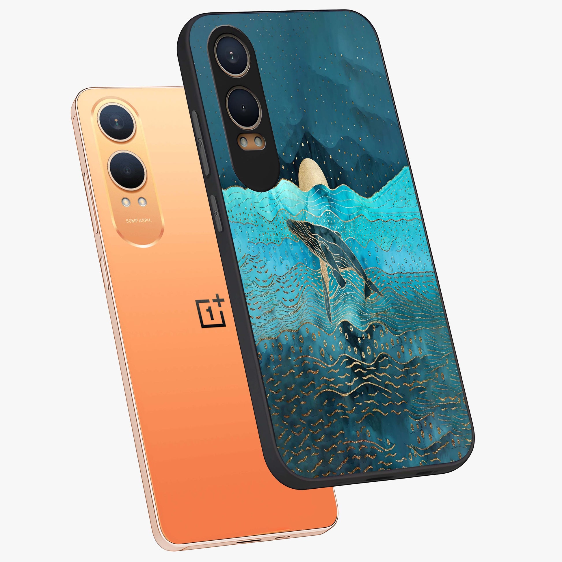 Celestial Whale Voyage Glass Case for 1+Nord CE 4 Lite angled mockup showcasing glossy finish and deep celestial tones