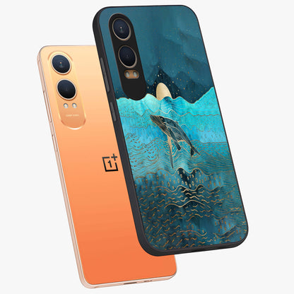 Celestial Whale Voyage Glass Case for 1+Nord CE 4 Lite angled mockup showcasing glossy finish and deep celestial tones