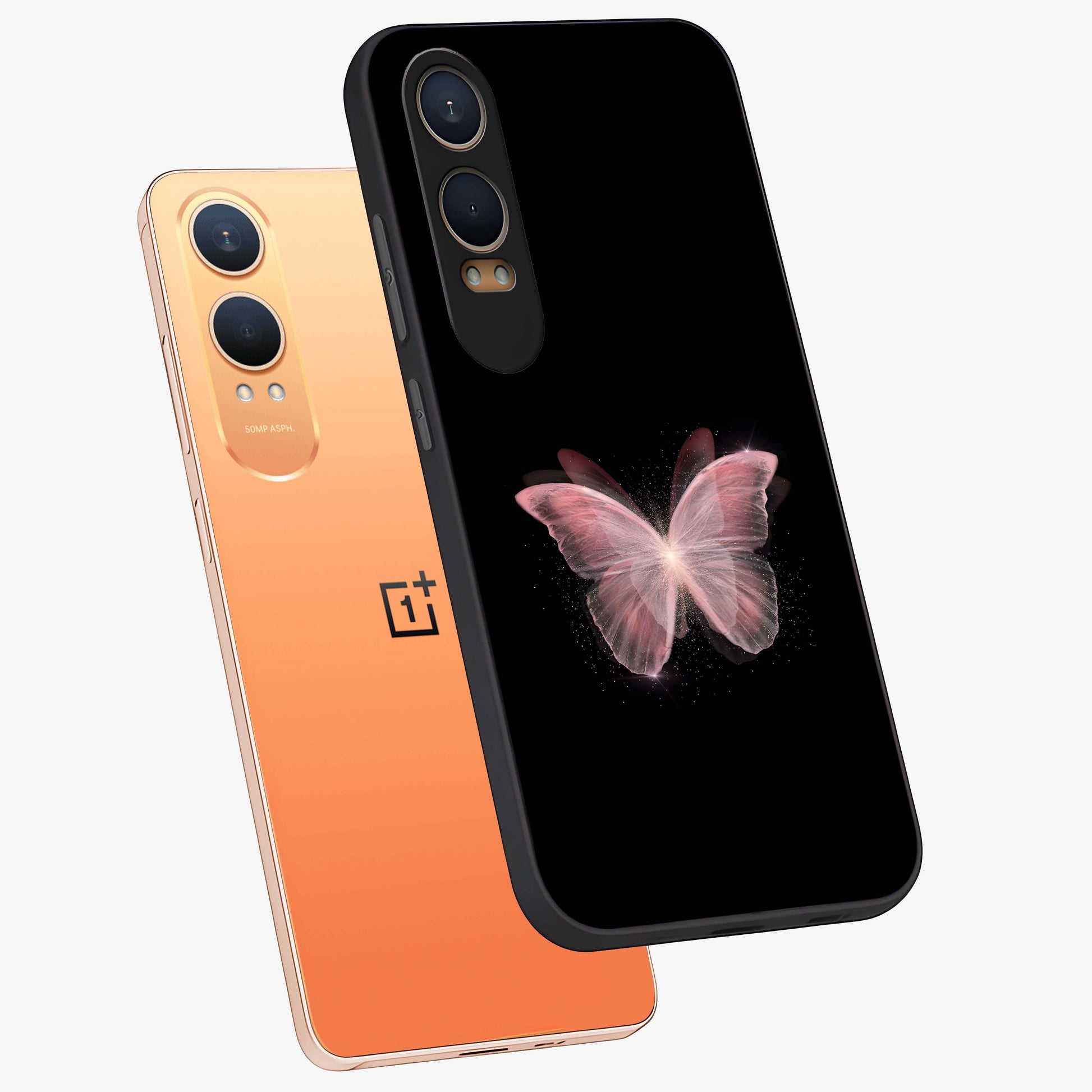 Celestial Wings Butterfly Glass Case for 1+Nord CE 4 Lite angled mockup showcasing glossy finish and luminous wing detailing