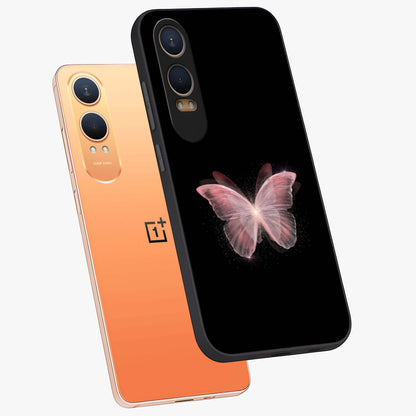 Celestial Wings Butterfly Glass Case for 1+Nord CE 4 Lite angled mockup showcasing glossy finish and luminous wing detailing