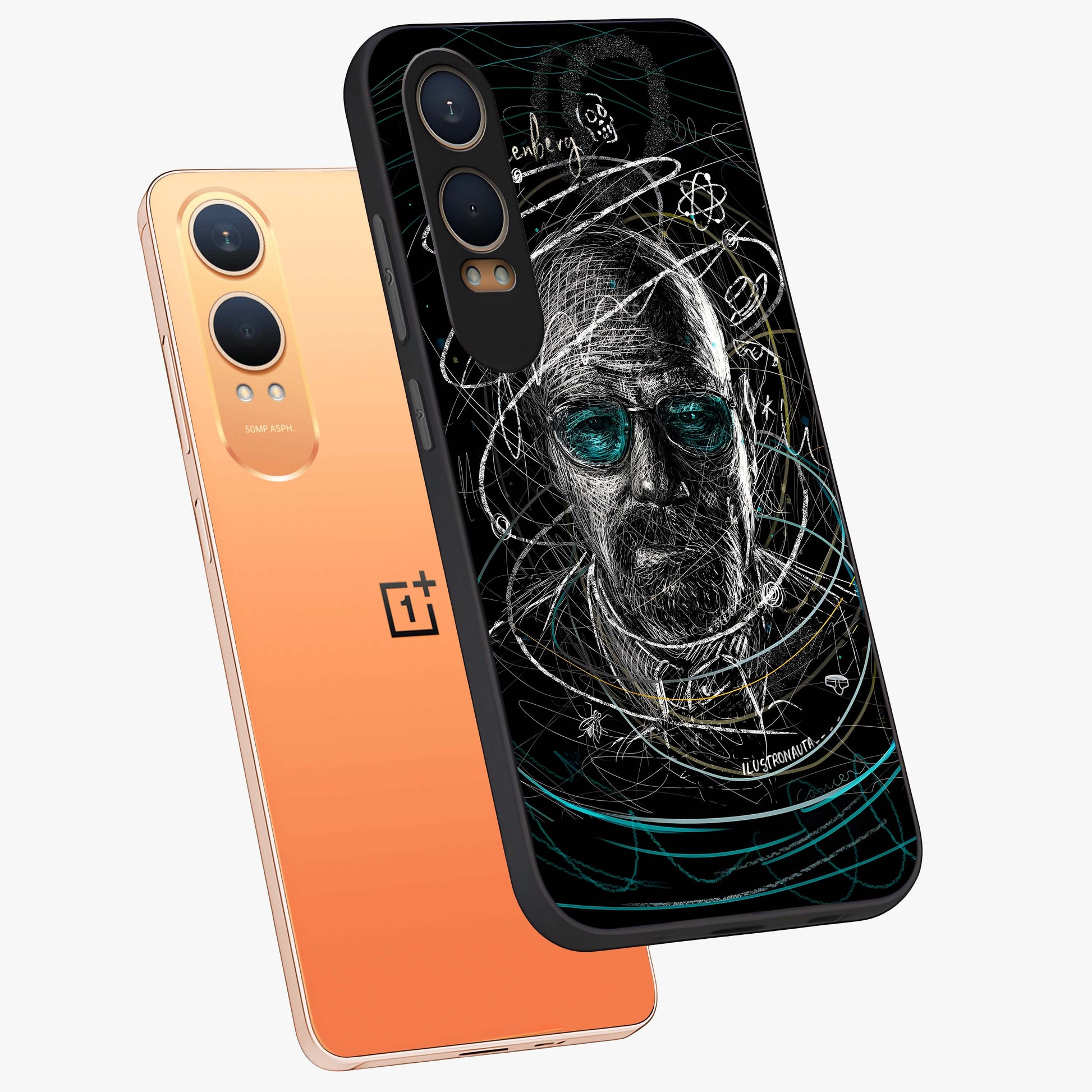 Chaotic Mind Genius Glass Case for 1+Nord CE 4 Lite angled mockup showcasing glossy finish and edgy artistic design