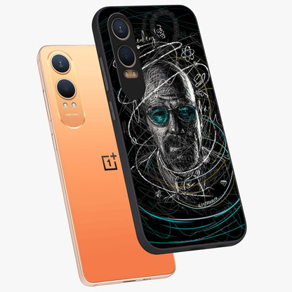 Chaotic Mind Genius Glass Case for 1+Nord CE 4 Lite angled mockup showcasing glossy finish and edgy artistic design