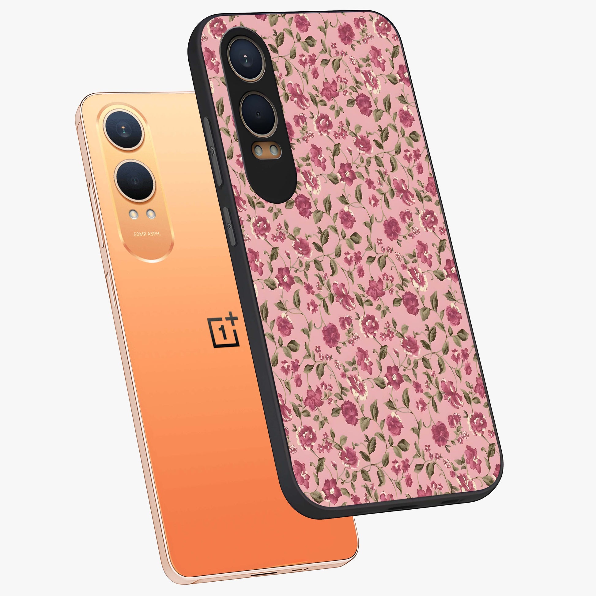 Charming Pink Floral Glass Case for 1+Nord CE 4 Lite angled mockup showcasing glossy finish and elegant bloom detailing