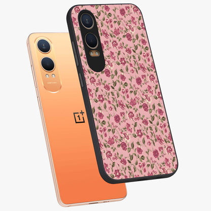 Charming Pink Floral Glass Case for 1+Nord CE 4 Lite angled mockup showcasing glossy finish and elegant bloom detailing