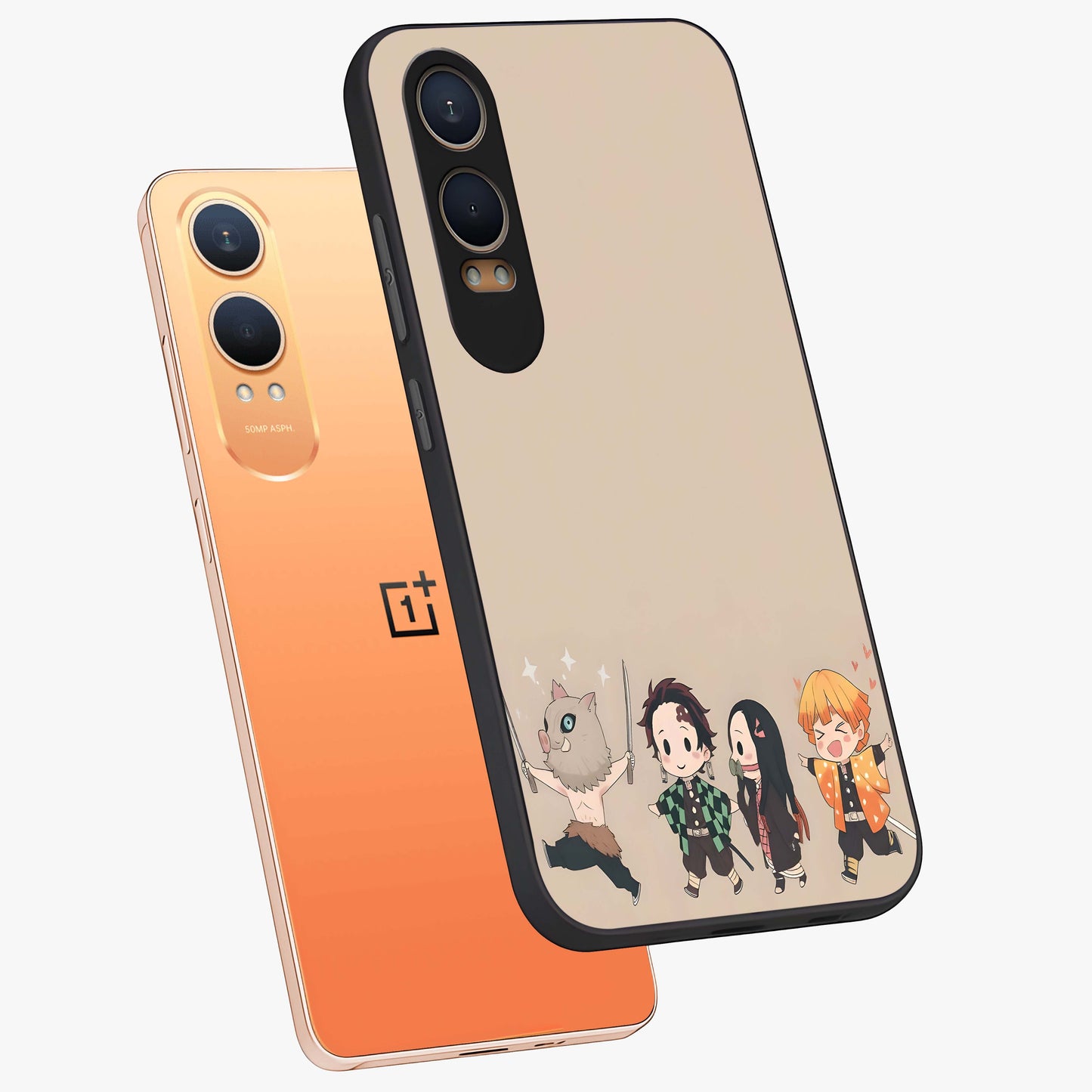 Chibi Demon Squad Glass Case for 1+Nord CE 4 Lite angled mockup showcasing glossy finish and vibrant anime inspired design