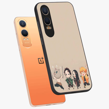 Chibi Demon Squad Glass Case for 1+Nord CE 4 Lite angled mockup showcasing glossy finish and vibrant anime inspired design