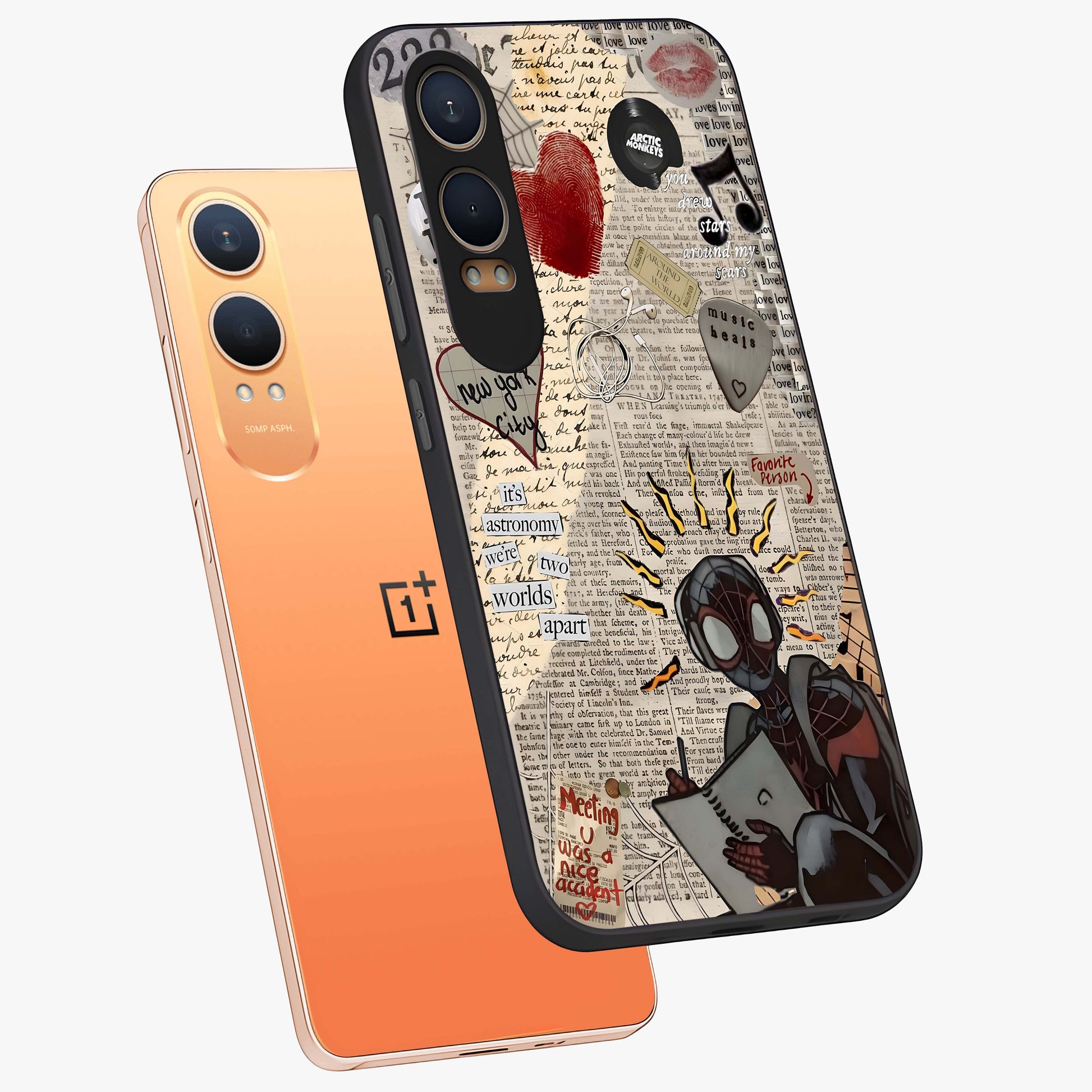 City Dream Sketch Glass Case for 1+Nord CE 4 Lite captured at a warm angle highlighting urban line details, gloss, and edge clarity.