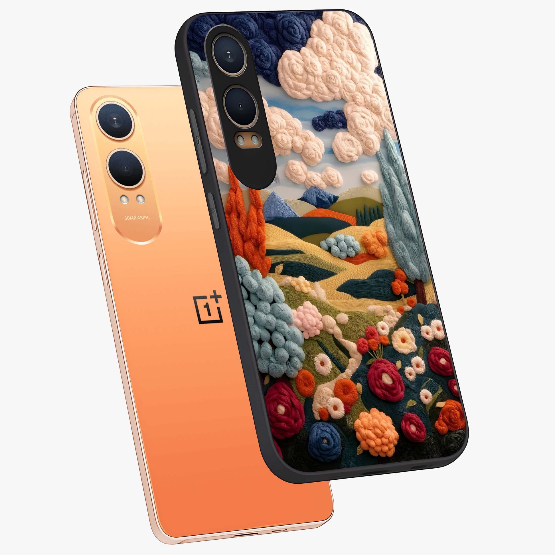 Cloud Cotton Meadows Printed Glass Case for 1+Nord CE 4 Lite angled mockup showcasing glossy glass finish and airy pastel design