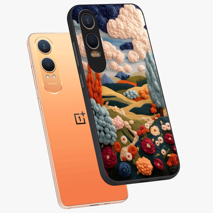 Cloud Cotton Meadows Printed Glass Case for 1+Nord CE 4 Lite angled mockup showcasing glossy glass finish and airy pastel design