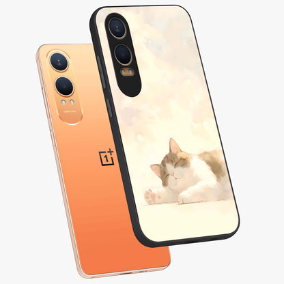 Cloud Nap Cat Glass Case for 1+Nord CE 4 Lite angled mockup showcasing glossy finish and cozy pastel tones