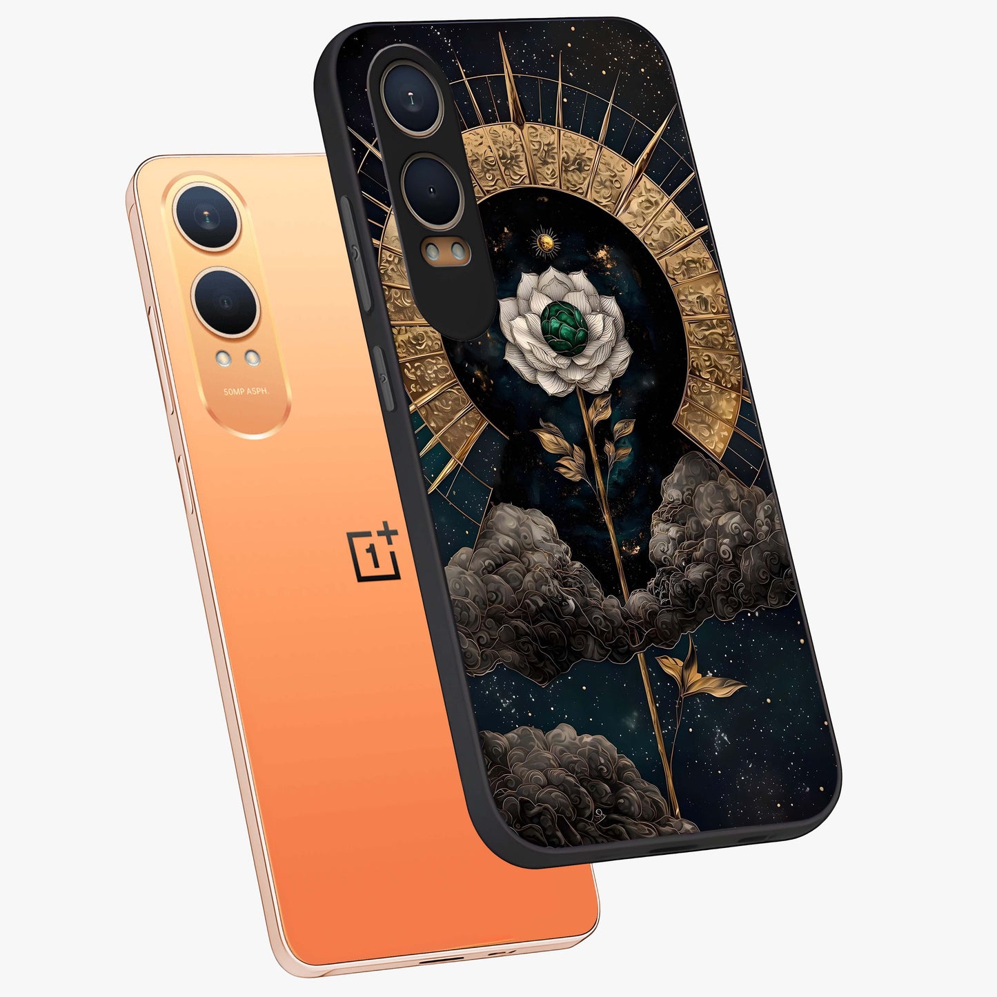 Cosmic Bloom Rose Glass Case for 1+Nord CE 4 Lite angled mockup showcasing glossy finish and vibrant celestial floral tones