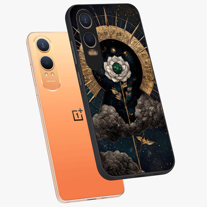 Cosmic Bloom Rose Glass Case for 1+Nord CE 4 Lite angled mockup showcasing glossy finish and vibrant celestial floral tones