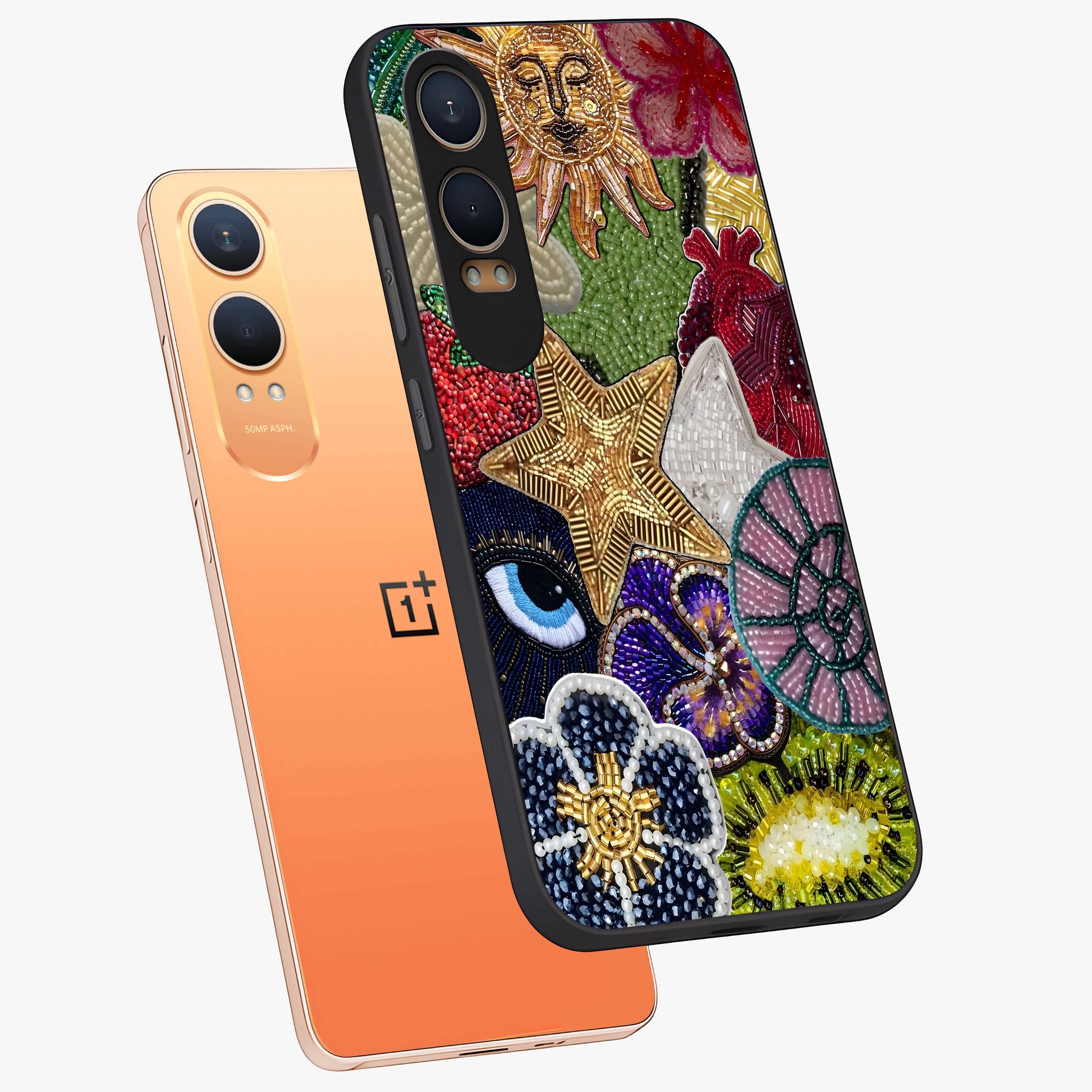 Cosmic Charm Shine Glass Case for 1+Nord CE 4 Lite angled mockup showcasing glossy finish and sparkling cosmic tones
