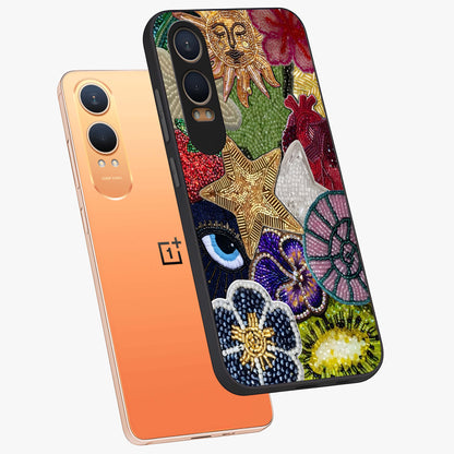Cosmic Charm Shine Glass Case for 1+Nord CE 4 Lite angled mockup showcasing glossy finish and sparkling cosmic tones