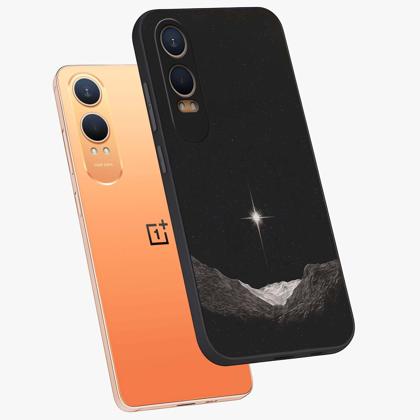 Cosmic Dream Night Glass Case for 1+Nord CE 4 Lite angled mockup showcasing glossy finish and rich midnight gradients