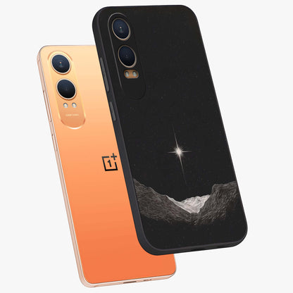 Cosmic Dream Night Glass Case for 1+Nord CE 4 Lite angled mockup showcasing glossy finish and rich midnight gradients