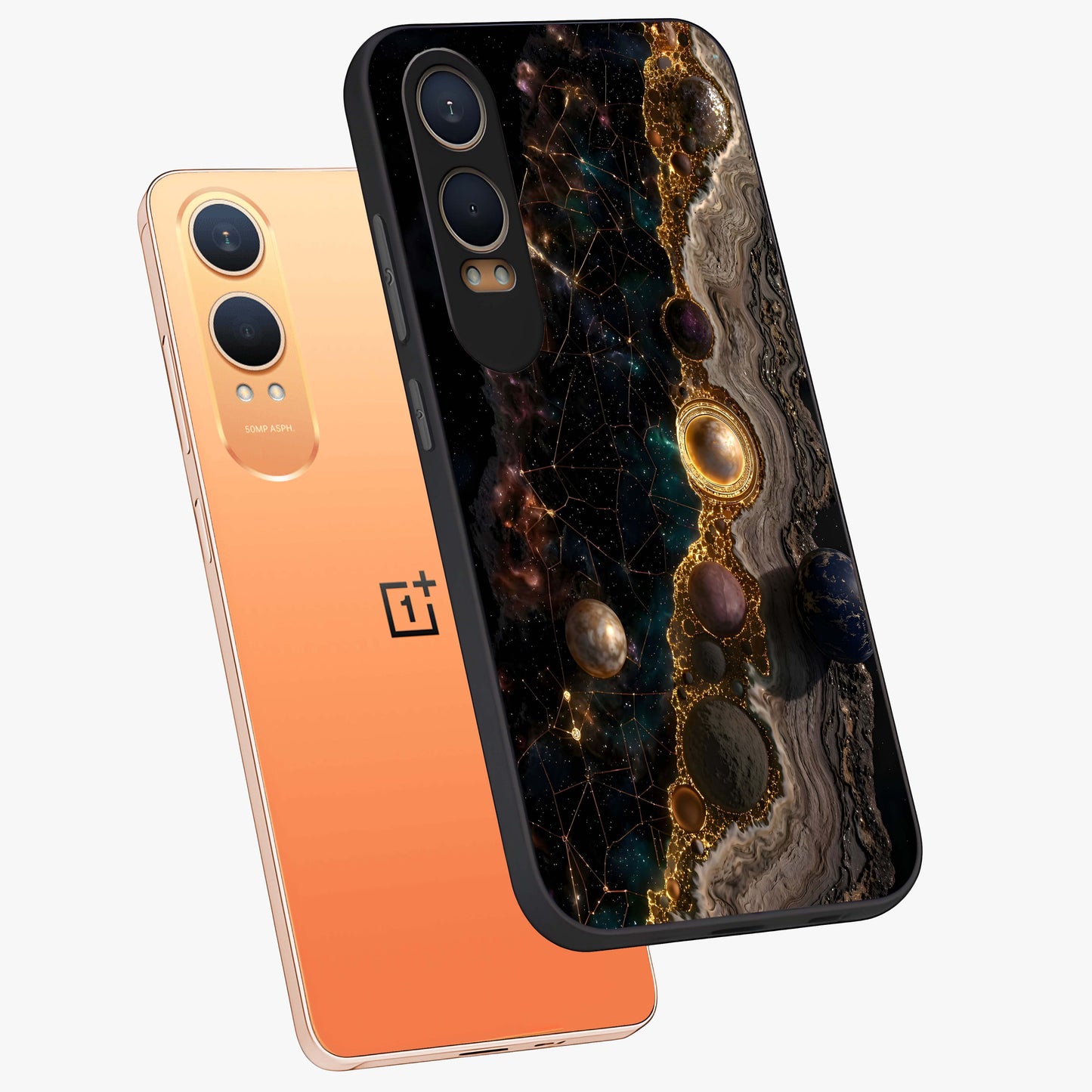 Cosmic Gold Path Glass Case for 1+Nord CE 4 Lite angled mockup showcasing glossy finish and radiant gold accents