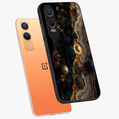 Cosmic Gold Path Glass Case for 1+Nord CE 4 Lite angled mockup showcasing glossy finish and radiant gold accents